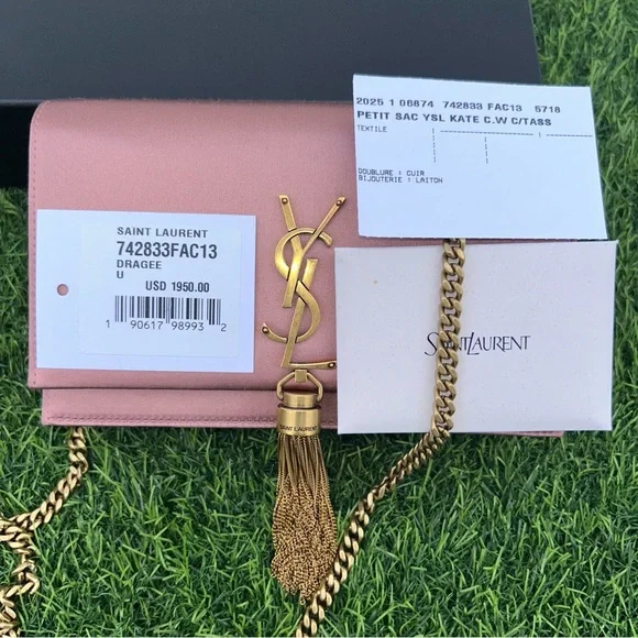 SAINT LAURENT KATE TASSEL CLUTCH ON CHAIN ROSE PINK SATIN GOLD HARDWARE NEW!